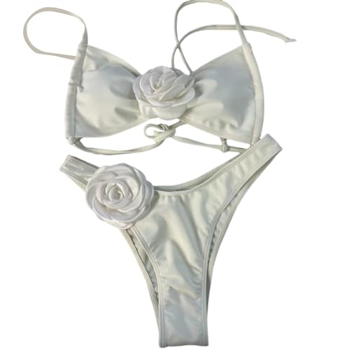 PTILSERY Zweiteiliger Damen-Badeanzug, 3D-Blumen-Badeanzug, hoher Schnitt, Push-Up, geteilte Badebekleidung für Strandkleidung von PTILSERY