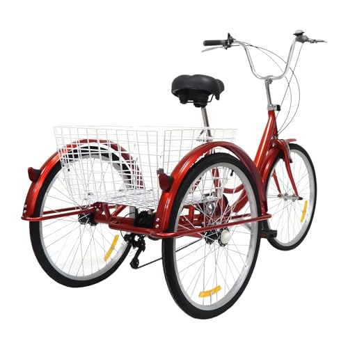 PUDLOR 24 Zoll Adult Tricycle 6 Speed Elderly Tricycle mit Einkaufskorb Elderly Tricycle Height Adjustable City Tricycle Bicycle Men's Women's Red von PUDLOR
