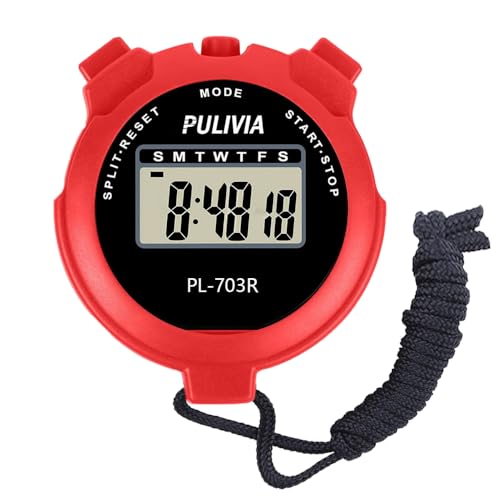 PULIVIA Sport Stoppuhr Timer Lap Split Memory Digital Stoppuhr Kalender 12/24 Stunden mit Wecker, Stoppuhr Sport Schwimmen Laufen Fu?Ball Trainer Ausr¨¹Stung (PL703-Rot) von PULIVIA