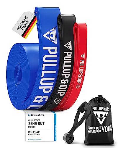 PULLUP & DIP Fitnessbänder Widerstandsbänder mit Tasche, Türanker und Übungsguide, Klimmzugband Fitnessband für Calisthenics und Fitness (3er-Set (EXTRA Light + Light + MEDIUM)) von PULLUP & DIP