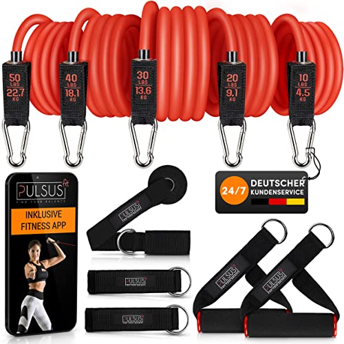 Fitnessband Resistance Bands Set mit Übungsvideo App - Pro Expander Bänderset: 5 Widerstandsbänder, Griffe, Fußschlaufen, Türanker & Tragetasche | Sportbänder von PULSUS fit