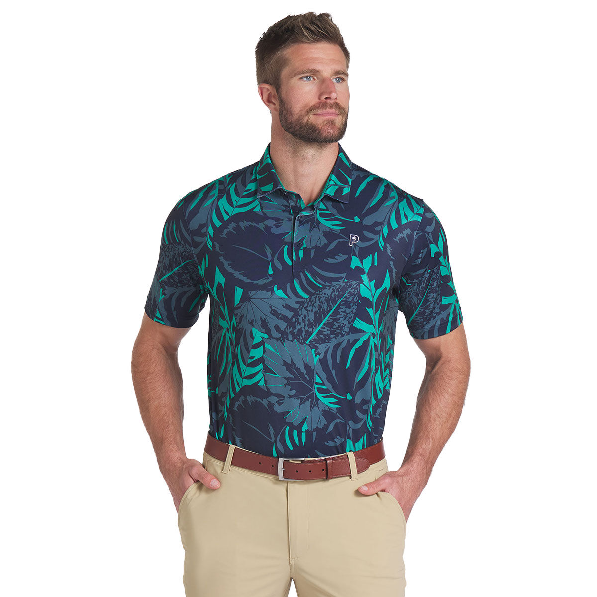 PUMA Men's X Palm Tree Crew Palm Glitch Golf Polo Shirt, Mens, Deep navy/sparkling green, Xl | American Golf von Puma Golf