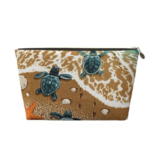 PYCAHENK Kulturbeutel aus bedrucktem Leder, Motiv: Schildkröten am Strand, Reise-Organizer mit Reißverschluss, tragbare Kulturtasche, gold, Einheitsgröße von PYCAHENK
