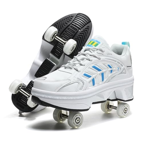 Mädchen Jungen Rollschuhe Schuhe mit 4 Rädern Kinder Double Row Vier Räder Trainer Innen- und Outdoor Skateboardschuhe,White-38 von PacuM