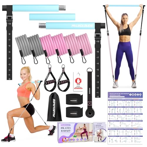 Pilates Stange, Pilates Bar Set mit 3 Paar Widerstandsbänder(20/25/30Lbs), Metall-Einstellung Schnalle & Ausbildung Poster, Pilates Skulptur Fitness Stange for Home Gym Workout Equipment(Frauen) von Paleclouds