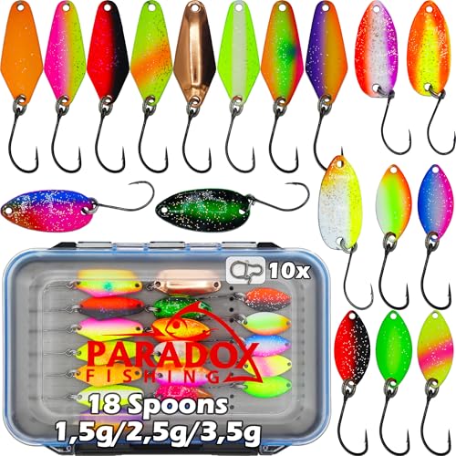 Paradox Fishing Forellen Spoon Box Set 18 Spoons mit Box und Snaps 1,5g/2,5g/3,5g Forellenköder Forellenteig Forellen Spoons - Spoons Forelle Paradox Fishing Forellen Spoon Box Set 18 Spoons mit Box und Snaps 1,5g/2,5g/3,5g Forellenköder Forellenteig Forellen Spoons - Spoons Forelle von Paradox Fishing