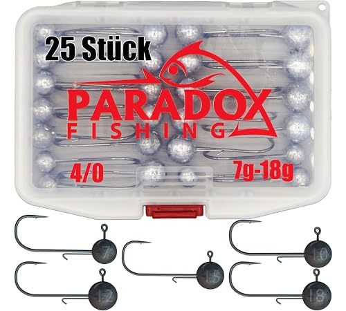 Paradox Fishing Jigköpfe Set 4/0 25x I je 5X 7g/10g/12g/15g/18g I Jig Köpfe Gummifisch mit Jighead für Gummifische Zander Angelzubehör von Paradox Fishing