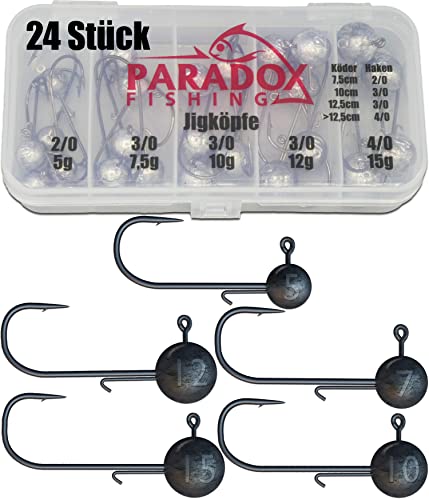 Paradox Fishing Premium Jigköpfe Set (5g/7,5g/10g/12g/15g) 25-teilig je 5/4 Jighaken I Jig Köpfe Gummifisch mit Jighead für Gummifische Zander Angelzubehör von Paradox Fishing