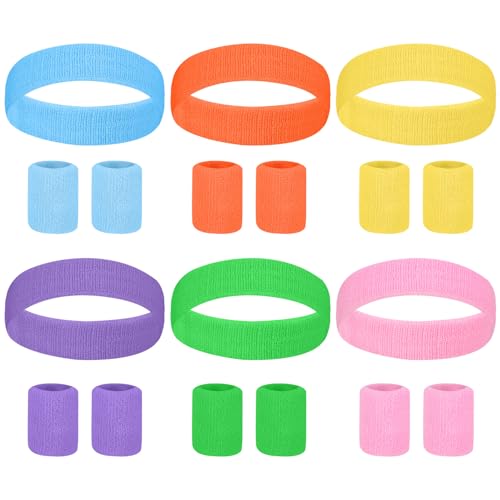 Partideal 18 Stück Schweißband Set,6 Farben Neon Stirnband und Armband 6 Stück Elastisches Sportschweißband und 12 Stück Handgelenk Schweißbänder für Laufen Radfahren Karneval Kostüme Dekoration von Partideal