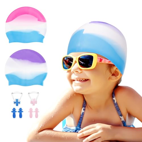 Partideal 2 Stück Kinder Badekappe,Silikon Schwimmhaube mit Ohrstöpseln Nasenclip,Wasserdicht Schwimmkappe Dehnbare & Bequeme Badehaube für 5-12 Jahren Mädchen Jungen Lange/Kurze Haare von Partideal