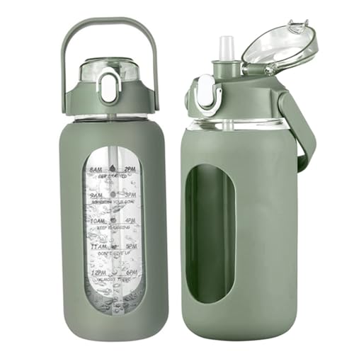 64 Unzen Wasserflasche mit Strohglaswasserflaschen mit Zeitmarker und Silikonärmel Motivationssporttrinkflasche für Schulbüro Grünwasserflaschen von Pastoralist