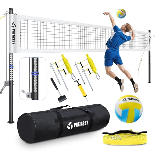 Patiassy Tragbares, professionelles Outdoor-Volleyballnetz-Set mit höhenverstellbaren Aluminiumstangen, Seilwinde-System, Volleyball mit Pumpe und Tragetasche für Hinterhof, Strand (weiß) von Patiassy