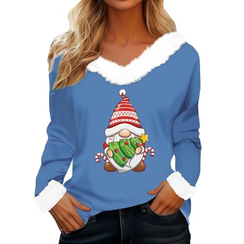 Angebot des Tages, Weihnachtsbluse Damen Elegant Langarm Weihnachtshemd - V-Ausschnitt Flauschige Lustige Weihnachtsbaum Weihnachtszwerg Hässliche Schickes Oberteil Mit Pelzkragen von Pdakieyxnd