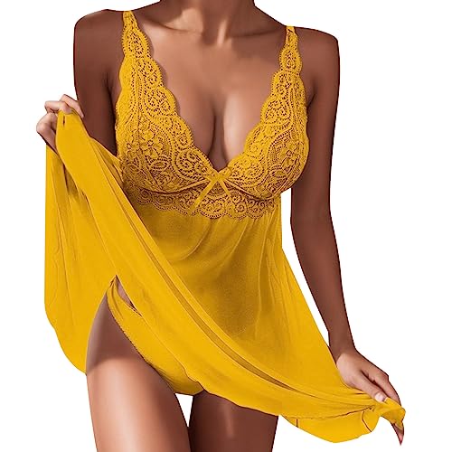 Babydoll Kleid, Nachtkleid Damen Sexy Spitze Reizwäsche - Babydoll Kleid Negligee V-Ausschnitt Lingerie Öffnen Zurück Nachtwäsche Mit Panties Sleepwear G-String von Pdakieyxnd