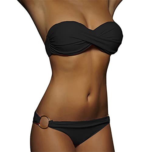 Bikini Damen Set Sexy - Sexy Brazilian Bikini, Trägerloses Bandeau High Waist Bikini Klamotten Badesachen Ausgefallene Bandeau Swimwear Mädchen Badeanzug Koszulki Damskie Swimwear Bikini Schwarz von Pdakieyxnd