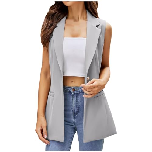 Büro Outfit Damen, Anzugweste Damen Sommer Elegant Ärmellose Revers Weste Anzug Mit Tasche Sommer Leicht Blazer Weste Lang Einzelknopf Sportlich Vest Anzug Weste von Pdakieyxnd