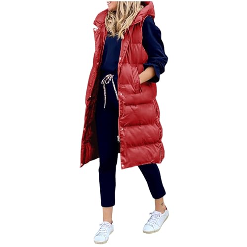 Damen Jacke Übergang, Steppweste Damen Lang, Ärmellose Leicht Steppmantel mit Tasche Elegant Steppjacke mit Kapuze Warm Übergang Winterjacke Übergangsjacke Curvy Mode Softshellmantel von Pdakieyxnd