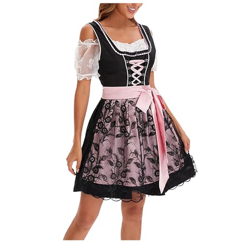 Dirndl Damen Billig Grosse Grössen - 3 Teilig Midi Set Mit Bluse Trachtenkleid Hochgeschlossen Schürze Spitze Dirndlbluse Dirndlschürze Für Oktoberfest Besondere Anlässe Schwarz von Pdakieyxnd