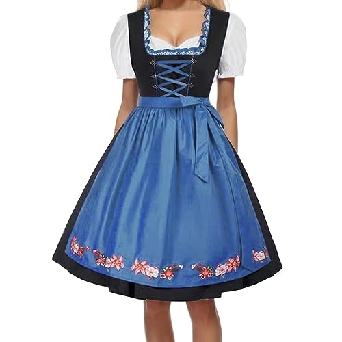 Dirndl Damen Grosse Grössen Lang - Samt Trachtenmode Hochgeschlossen Midi Set Mit Bluse Schürze Spitze Dirndlkleid Spitzenschürze Kleid Für Oktoberfest Blau von Pdakieyxnd