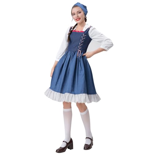 Dirndl Damen Lang, Dirndl Damen Midi Trachtenkleid, Mit Bluse Lang 3 Teilig Billig Dresses Sexy Set Komplett Trachtenmode Trachtenrock Kleid Für Oktoberfest Blau von Pdakieyxnd