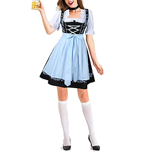 Dirndl Knielang, Trachtenkleid Damen Midi Dirndl, Dirndlkleid Knielang Dirndel Lang für Oktoberfest Dress Schürze Dirndlschürzen Trachtenmode Trachtenrock Kleid Blau von Pdakieyxnd