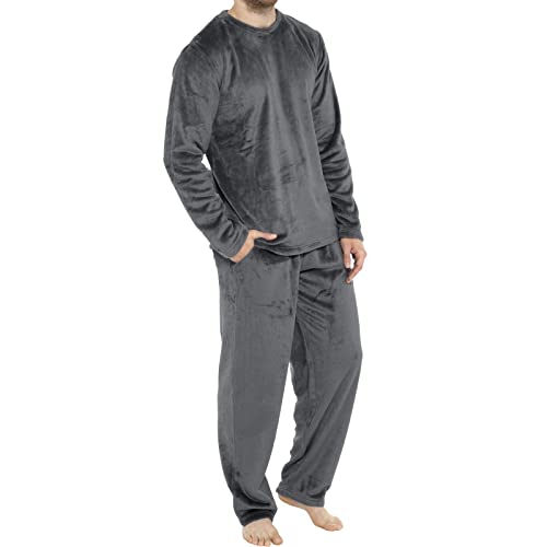 Flanell Pyjama Herren, Frottee Flanell Pyjama Herren Kuschelig Fleece Schlafanzug - Lang Winter Warm Pyjama Set Zweiteiliger Langarm Frottee Schlafanzüge für Herren mit Taschen Dunkelgrau von Pdakieyxnd