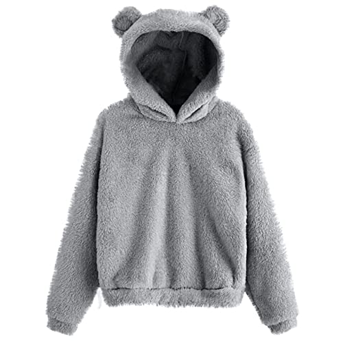 Flauschiger Pullover, Teddy Fleece Hoodie Damen Mit Bären Ohren Kapuze Pulli Teddy-Fleece Winter Sweatshirt Große Größen Langarm Katzen Pullover Oversize Flauschiger Hoodie Grau von Pdakieyxnd