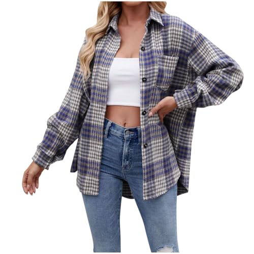 Hemdjacke Damen Karierte, Hemd Kariert Karohemd Lässig Tracht Sommerhemd Lange Holzfällerhemd Oversize Longbluse Outdoor Festliche Blau von Pdakieyxnd