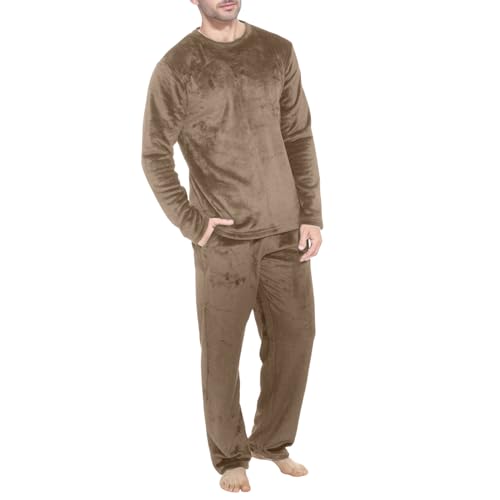 Herren Schlafanzug Warm, Frottee Flanell Pyjama Herren Kuschelig Fleece Schlafanzug - Lang Winter Warm Pyjama Set Zweiteiliger Langarm Frottee Schlafanzüge für Herren mit Taschen Khaki von Pdakieyxnd