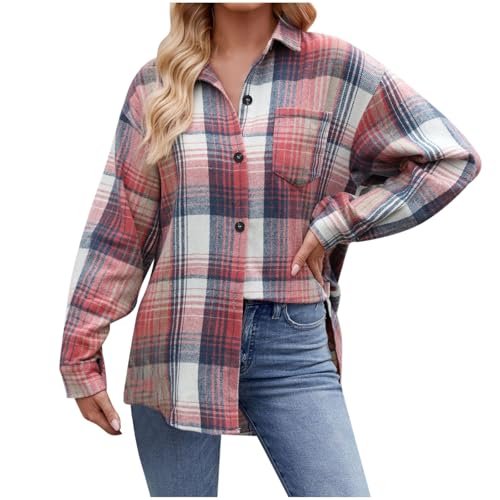 Holzfällerhemd Damen Karierte, Oversize Hemd Mantel Outdoor Tracht Trachtenbluse Lässig Blusenhemd Karierte Longbluse Lange Festliche Rosa von Pdakieyxnd