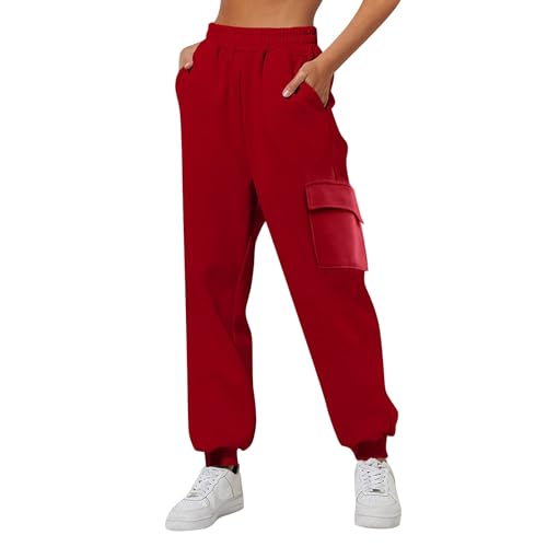 Jogginghose Damen Baggy, Sporthose Damen Weite Sweatpants, Hose Baumwolle Wanderhose Lang Frauen Laufhosen Fitness High Waist Freizeithose Jogging Trainingshose Rot von Pdakieyxnd