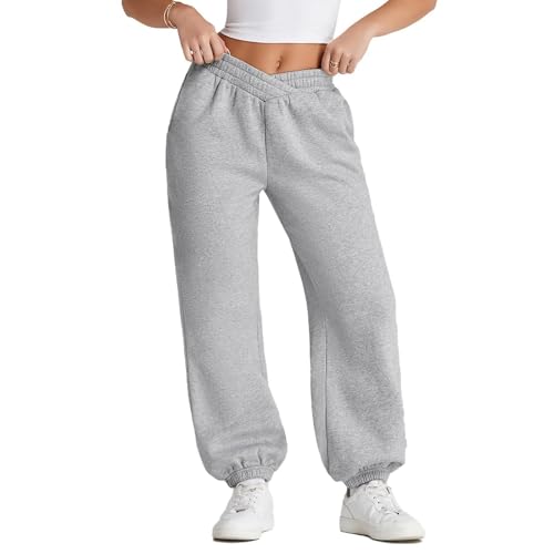 Jogpants Damen, Trackpants Damen Baggy Sporthose, Bequeme Yogahose Lockere Baumwolle Jogging Hose Für Frauen Lange Freizeithose Slim Fit Trainingshose Hellgrau von Pdakieyxnd