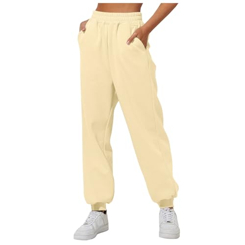 Jogpants Damen Elegant, Trainingshose Damen Lang Sporthose, Hosen Jogginghose Baumwolle Frauen Laufhosen Fitness High Waist Sweatpants Freizeithose Jogging Hose Hellgelb von Pdakieyxnd