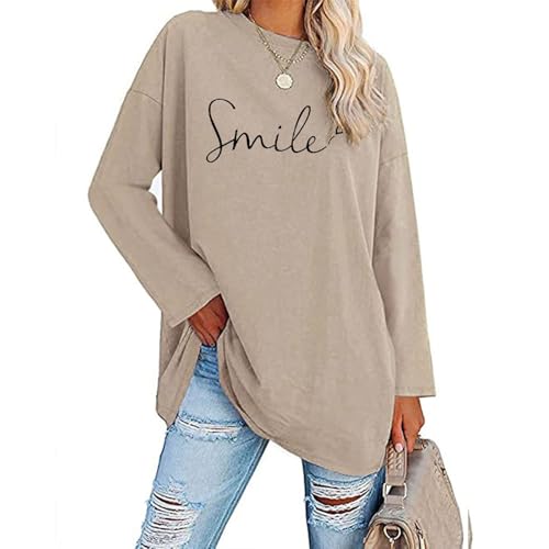 Langarmshirt Damen Große Größen, Angebot des Tages Langarmshirt Damen Pullover Oversize Sweatshirt Lang Rundhals Smile Drucken Pulli Herbst Winter Lässig Longshirt Ohne Kapuze Langarm Shirt von Pdakieyxnd