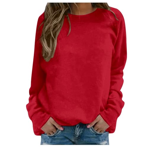 Langarmshirt Damen Langarm Sport Pullover - Streetwear Teenager Mädchen Elegant Sweater Ohne Kapuze Sweatshirt Winter Pulli Baumwolle Oversized Classic Basic Rundhals-Ausschnitt Wassermelonenrot von Pdakieyxnd