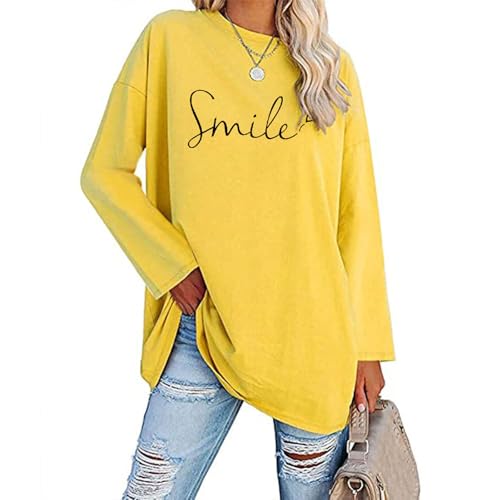 Langarmshirt Damen Oversize Longsleeve Longshirt Pullover - Oversize Smile Drucken Langarmshirt Rundhalsausschnitt Oberteil Langarm Baumwolle Longbluse Pullover Basic Langes Tunika Tops Gelb von Pdakieyxnd