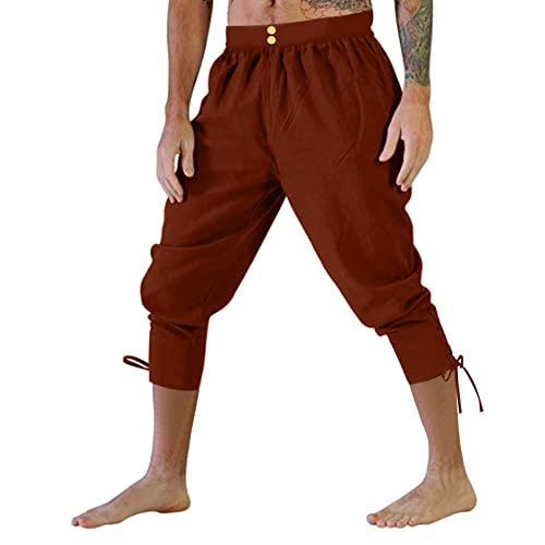 Leinenhose Herren Lang Mittelalter Hose - Pluderhose Halloween Kostüm Wiking Sommer Wikinger Kleidung Mittelalterhose Piraten Kostümhose Retro Schnürhose Freizeithose Rot von Pdakieyxnd