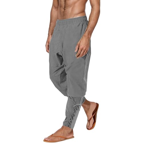 Leinenhose Herren Sommer Mittelalter Hose - Halloween Kostüm Wiking Pluderhose Kleidung Wikinger Leinen Lang Mittelalterhose Piraten Kostümhose Retro Schnürhose Freizeithose Grau von Pdakieyxnd