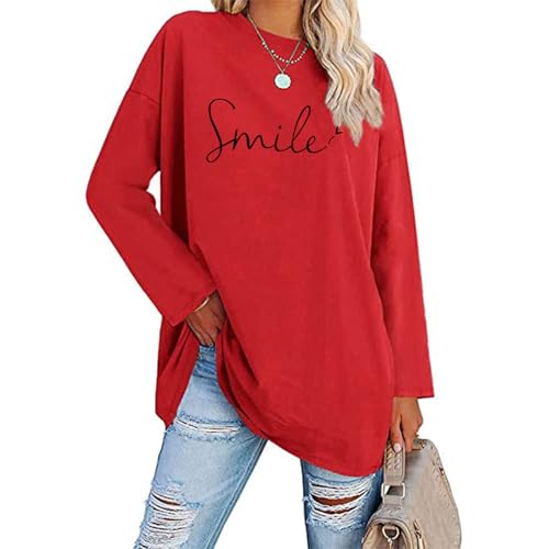 Long Shirt Damen Lang, B Ware Rückläufer Langarmshirt Damen Pullover Oversize Sweatshirt Lang Rundhals Smile Drucken Pulli Herbst Winter Lässig Longshirt Ohne Kapuze Langarm Shirt von Pdakieyxnd