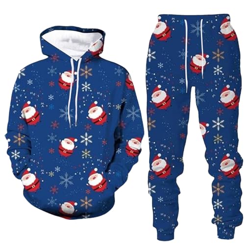 Männer Jogginganzug Winter Weihnachts Anzug Herren Übergröße Weihnachten Jogginganzug Set - Oversized Weihnachtspullover Hoodie und Baggy Jogginghose Sportanzug Blau von Pdakieyxnd