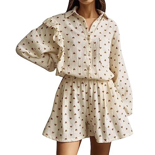 Musselin Zweiteiler Damen, Sommerlicher Hosenanzug Elegant Kurz Set Hemd Komplett Leicht 2 Teiler Sommer Leinen Freizeit Beige von Pdakieyxnd