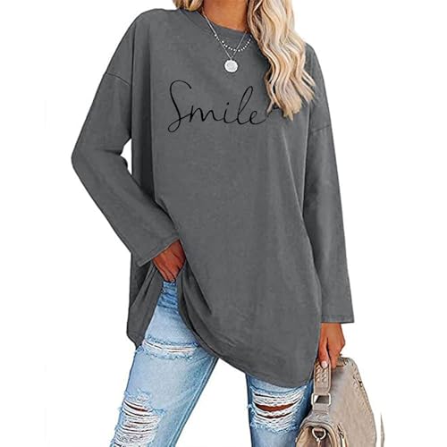 Oversize Pullover Damen Longshirt Lässig Für Leggings - Oversize Smile Drucken Langarmshirt Rundhalsausschnitt Oberteil Langarm Baumwolle Longbluse Pullover Basic Langes Tunika Tops Dunkelgrau von Pdakieyxnd