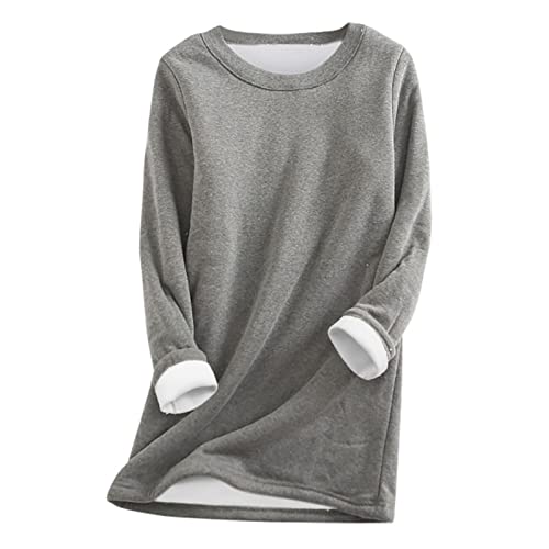 Oversize Sweatshirt Damen Langarm Fleecepullover - Einfarbig Warme Gefüttertes Fleece Pullover Oberteile Winter Langarm Rundhals Thermounterwäsche Unterhemd Große Größen Teddyfleece Langarmshirt von Pdakieyxnd