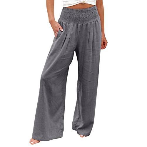 Palazzo Hose Damen - Leinenhose Damen Sommer 3/4 Lang Leicht Weite Hose Elegant Hohe Elastische Taille Casual Einfarbig Boho Sommerhose Gesmokte Freizeithose Yogahose mit Taschen(02 Grey,M) von Pdakieyxnd