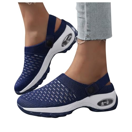 Pantoletten Damen Sommer Hausschuhe Mit Fussbett Und Absatz - Mesh Atmungsaktiv Sneaker Sommer Elegant Plateau Gartenschuhe Strand Schuhe Bequem Leicht rutschfeste Sandalen Pantoletten Blau von Pdakieyxnd