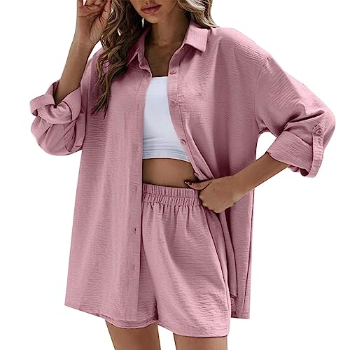 Pdakieyxnd Damen Zweiteiler Sommer Musselin Set - Elegant 2 Teiler Set Sommer Outfits Kleidung Loungewear Set Bluse Top + Shorts Y2K Aesthetic Clothes Loungewear Anzug Musselin Zweiteiler Rot von Pdakieyxnd