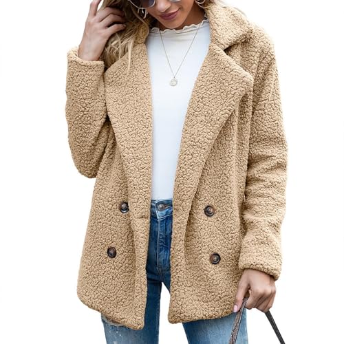 Pdakieyxnd Teddymantel Damen, Sherpa Jacke Damen Plüsch Stehkragen Teddy Mantel - Winter Einfarbig Plüschjacke Mit Knöpfen Warme Gefütterte Teddyfleece Mantel Ohne Kapuze Lang Plüsch Jacke von Pdakieyxnd