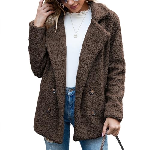 Pdakieyxnd Weihnachten Sale, Stehkragen Teddy Mantel Damen Lang Sherpa Jacke Ohne Kapuze - Warme Gefütterte Einfarbig Plüschjacke Mit Knöpfen Warme Gefütterte Winter Outdoor Teddyfleece Jacket von Pdakieyxnd