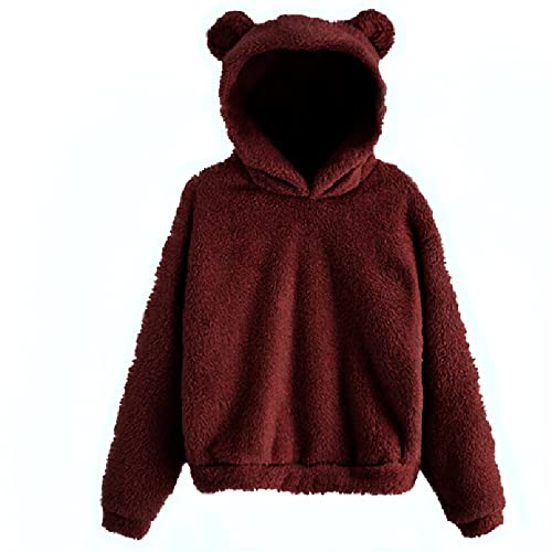 Plüsch Pullover Damen, Teddy Fleece Hoodie Damen Mit Bären Ohren Kapuze Pulli Teddy-Fleece Winter Sweatshirt Große Größen Langarm Katzen Pullover Oversize Flauschiger Hoodie Wein von Pdakieyxnd