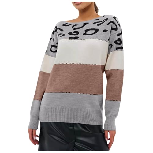 Pullover Damen Kurz Geschnitten, Leo Pullover Damen Winter Langarm Pulli - Patchwork Rundhals Sweatshirt Ohne Kapuze Oberteil Tops Teenager Mädchen Elegant Warme Pulli Sweater Strickpullover von Pdakieyxnd